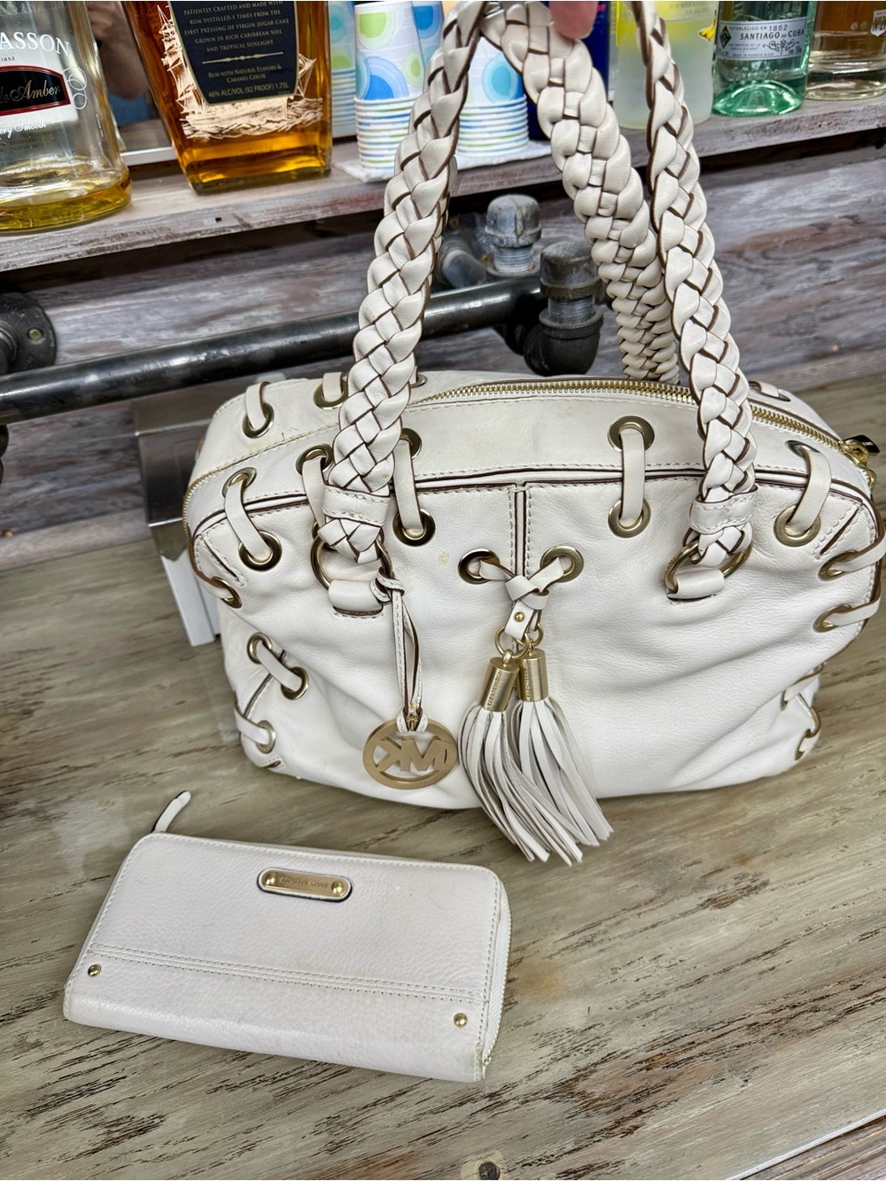 Michael Kors Cream Braided-Handle Satchel with Tassel and Matching Wallet